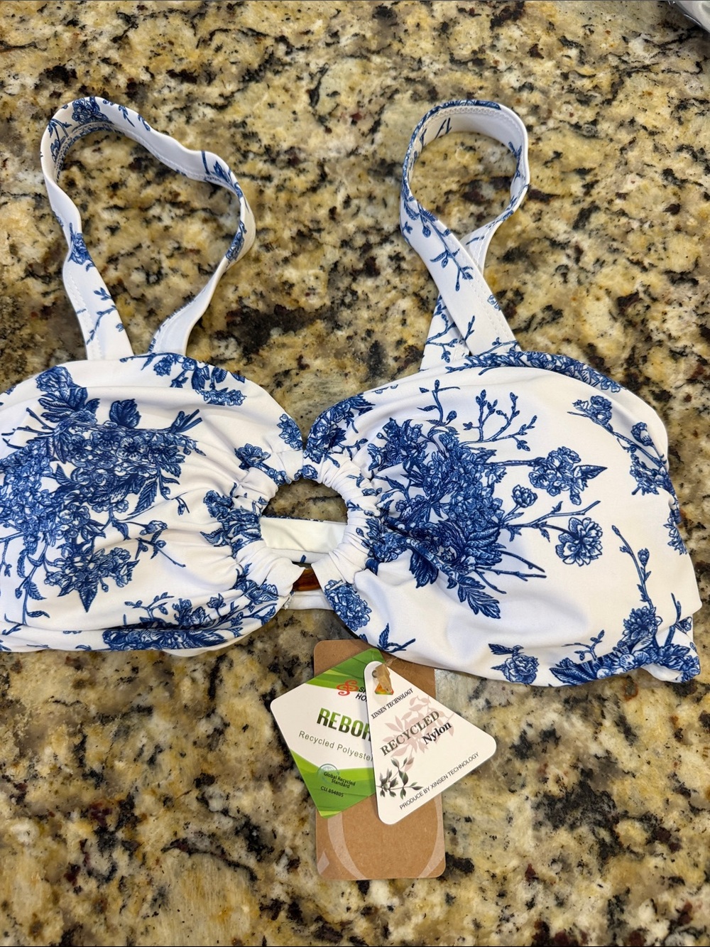 White and Blue Floral Ring-Front Bikini Top with Adjustable Straps